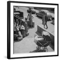 Brooklyn Street Scene, Baby Carriage, Two Women, and a Boy Carrying Dry Cleaning, NY, 1949-Ralph Morse-Framed Photographic Print