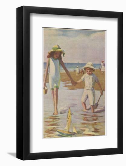 Brother and Sister Paddle in a Pool, Making Sure their Toy Boat Doesn't Sail Away-null-Framed Photographic Print