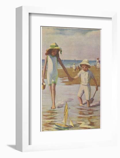 Brother and Sister Paddle in a Pool, Making Sure their Toy Boat Doesn't Sail Away-null-Framed Photographic Print