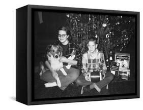 Brother and Sister Pose by the Christmas Tree, Ca. 1960-null-Framed Stretched Canvas