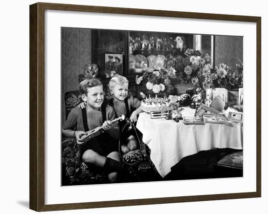 Brothers, Ages 8 and 3, Pose with Birthday Presents, Ca. 1949-null-Framed Photographic Print