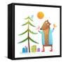 Brown Bear Wearing Warm Winter Coat with Birds Friends Celebrating Christmas. Colorful Animal Carto-Popmarleo-Framed Stretched Canvas