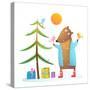 Brown Bear Wearing Warm Winter Coat with Birds Friends Celebrating Christmas. Colorful Animal Carto-Popmarleo-Stretched Canvas