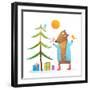 Brown Bear Wearing Warm Winter Coat with Birds Friends Celebrating Christmas. Colorful Animal Carto-Popmarleo-Framed Art Print