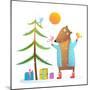 Brown Bear Wearing Warm Winter Coat with Birds Friends Celebrating Christmas. Colorful Animal Carto-Popmarleo-Mounted Art Print