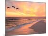 Brown Pelicans Flying in Formation at Sunset on Florida Beach-Steve Bower-Mounted Premium Photographic Print