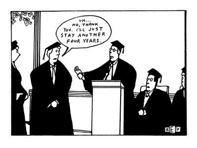 Student refuses diploma at graduation and says, "Uh...No, thank you. I'll ?" - New Yorker Cartoon