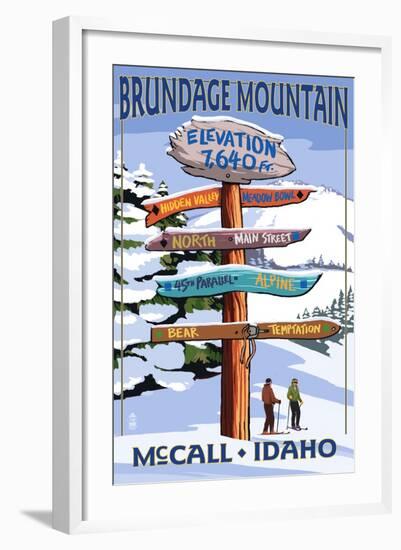 Brundage Mountain, McCall, Idaho - Ski Destination Signpost-Lantern Press-Framed Art Print