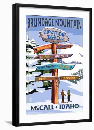 Brundage Mountain, McCall, Idaho - Ski Destination Signpost-Lantern Press-Framed Art Print