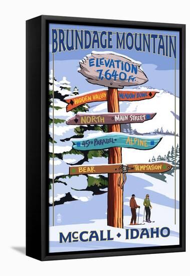 Brundage Mountain, McCall, Idaho - Ski Destination Signpost-Lantern Press-Framed Stretched Canvas