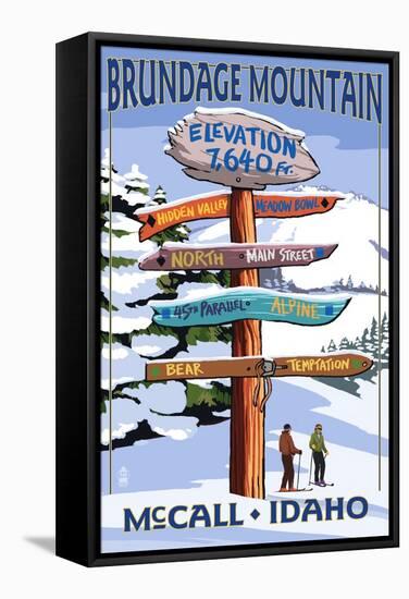 Brundage Mountain, McCall, Idaho - Ski Destination Signpost-Lantern Press-Framed Stretched Canvas