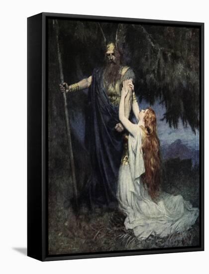 Brunhilde knelt at his feet, from 'The Stories of Wagner's Operas' by J. Walker McSpadden-Ferdinand Leeke-Framed Stretched Canvas