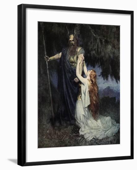 Brunhilde knelt at his feet, from 'The Stories of Wagner's Operas' by J. Walker McSpadden-Ferdinand Leeke-Framed Giclee Print