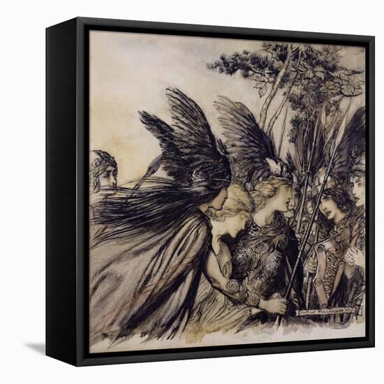 Brunnhilde Implores the Valkyries, Illustration from 'The Rhinegold and the Valkyrie'-Arthur Rackham-Framed Stretched Canvas