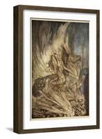 Brunnhilde on Grane leaps on funeral pyre, illustration, 'Siegfried and the Twilight of Gods'-Arthur Rackham-Framed Giclee Print