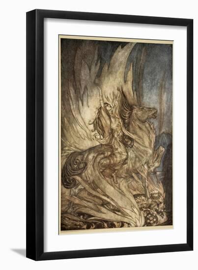 Brunnhilde on Grane leaps on funeral pyre, illustration, 'Siegfried and the Twilight of Gods'-Arthur Rackham-Framed Giclee Print