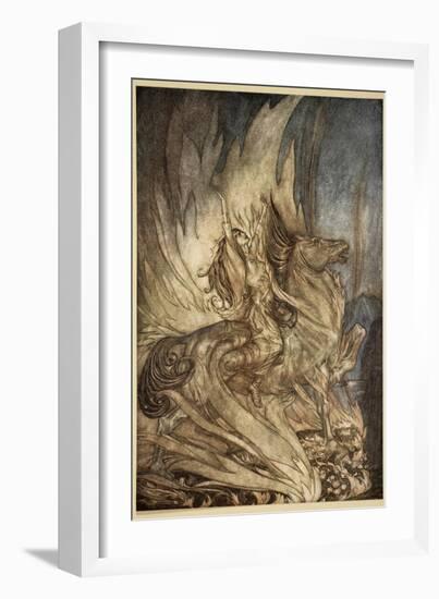 Brunnhilde on Grane leaps on funeral pyre, illustration, 'Siegfried and the Twilight of Gods'-Arthur Rackham-Framed Giclee Print