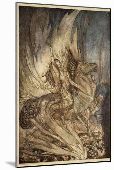 Brunnhilde on Grane leaps on funeral pyre, illustration, 'Siegfried and the Twilight of Gods'-Arthur Rackham-Mounted Giclee Print