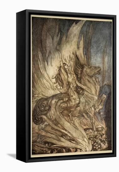 Brunnhilde on Grane leaps on funeral pyre, illustration, 'Siegfried and the Twilight of Gods'-Arthur Rackham-Framed Stretched Canvas