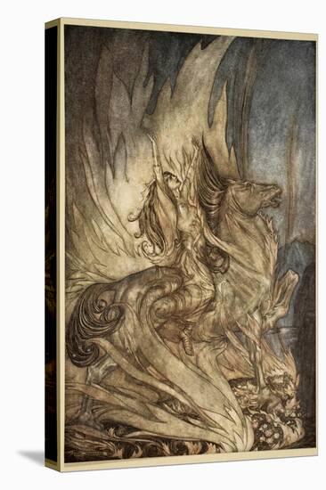 Brunnhilde on Grane leaps on funeral pyre, illustration, 'Siegfried and the Twilight of Gods'-Arthur Rackham-Stretched Canvas
