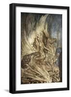 Brunnhilde on Grane leaps on to the funeral pyre of Siegfried', 1924-Arthur Rackham-Framed Giclee Print