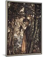 Brunnhilde silently leads horse down path to cave, illustration, 'The Rhinegold and the Valkyrie'-Arthur Rackham-Mounted Giclee Print