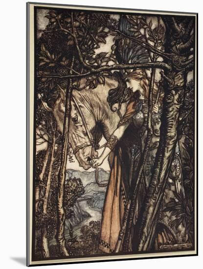 Brunnhilde silently leads horse down path to cave, illustration, 'The Rhinegold and the Valkyrie'-Arthur Rackham-Mounted Giclee Print