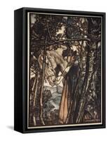 Brunnhilde silently leads horse down path to cave, illustration, 'The Rhinegold and the Valkyrie'-Arthur Rackham-Framed Stretched Canvas