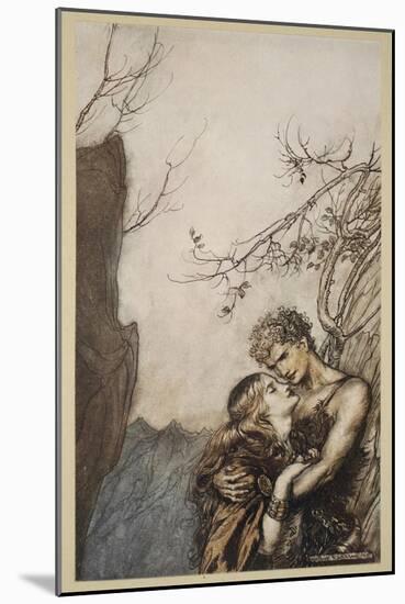 Brunnhilde throws herself into Siegfried's arms, illustration 'Siegfried and the Twilight of Gods'-Arthur Rackham-Mounted Giclee Print