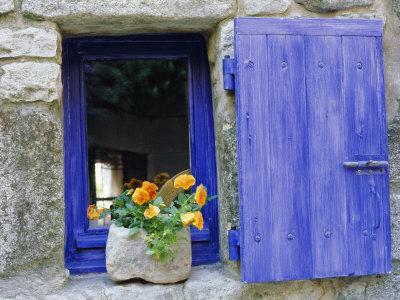 Close-Up of Blue Shutter, Window and Yellow Pansies, Villefranche Sur Mer, Provence, France
