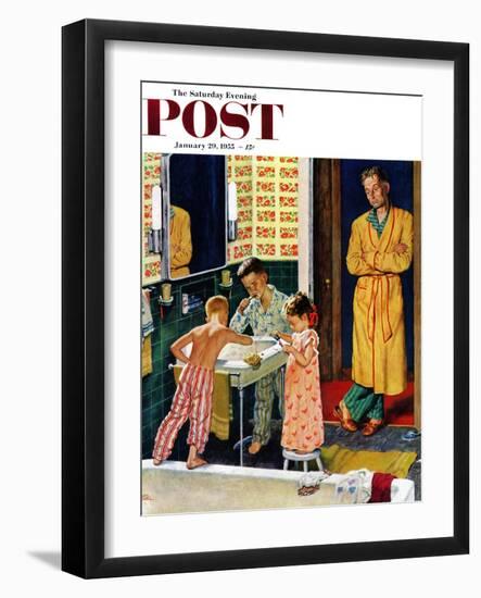 "Brushing Their Teeth" Saturday Evening Post Cover, January 29, 1955-Amos Sewell-Framed Premium Giclee Print