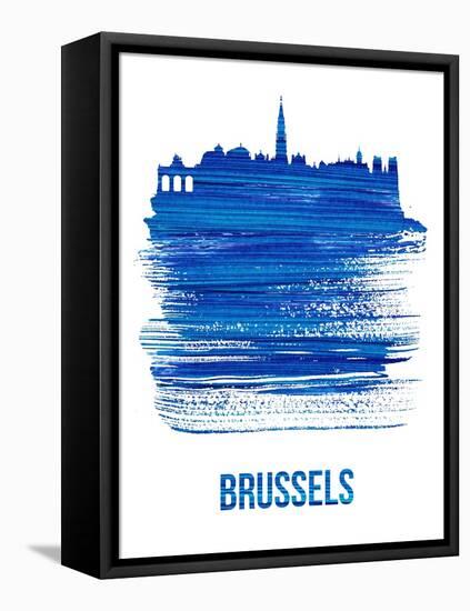 Brussels Skyline Brush Stroke - Blue-NaxArt-Framed Stretched Canvas