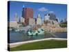 Buckingham Fountain in Grant Park with Sears Tower and Skyline Beyond, Chicago, Illinois, USA-Amanda Hall-Stretched Canvas