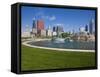 Buckingham Fountain in Grant Park with Sears Tower and South Loop Skyline, Chicago, Illinois, USA-Amanda Hall-Framed Stretched Canvas