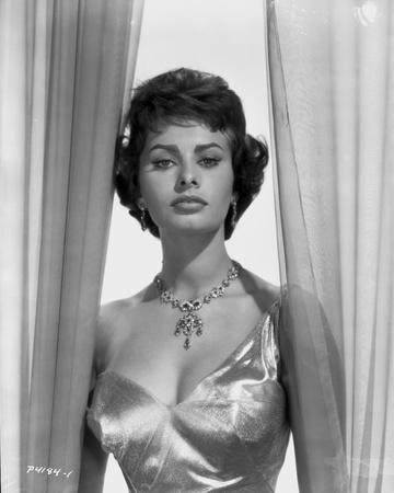 Sophia Loren wearing a Glossy Single Shoulder Dress in a Classic Portrait