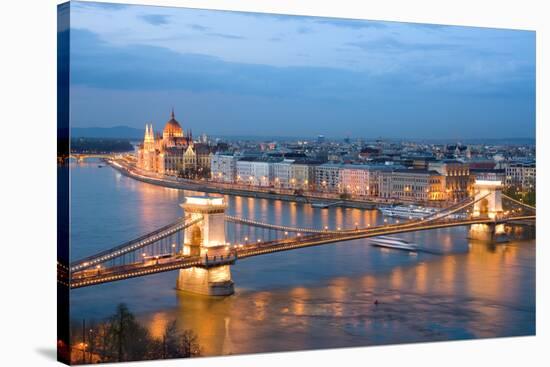 Budapest, Night View of Chain Bridge on the Danube River and the City of Pest-ollirg-Stretched Canvas