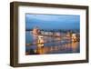 Budapest, Night View of Chain Bridge on the Danube River and the City of Pest-ollirg-Framed Photographic Print