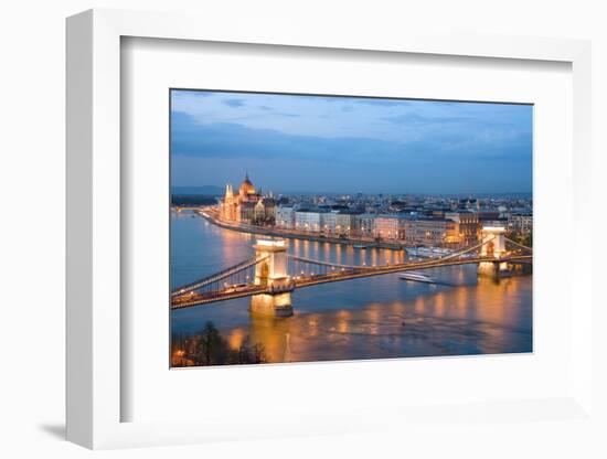 Budapest, Night View of Chain Bridge on the Danube River and the City of Pest-ollirg-Framed Photographic Print