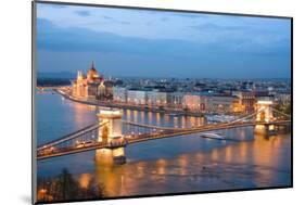 Budapest, Night View of Chain Bridge on the Danube River and the City of Pest-ollirg-Mounted Photographic Print