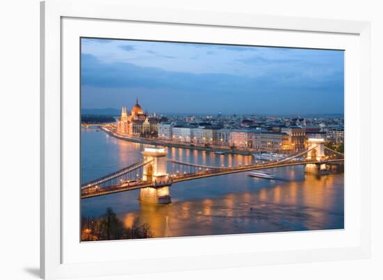 Budapest, Night View of Chain Bridge on the Danube River and the City of Pest-ollirg-Framed Photographic Print