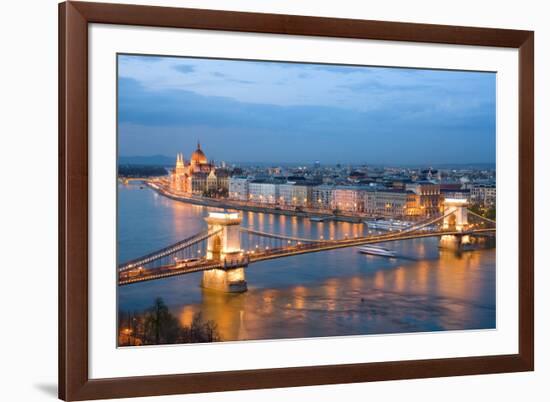 Budapest, Night View of Chain Bridge on the Danube River and the City of Pest-ollirg-Framed Photographic Print