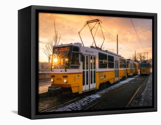 Budapest tram at sunrise, Budapest, Hungary-Karen Deakin-Framed Stretched Canvas