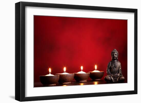 Buddha and Candles on Red Background, Religious Concept.-Sofiaworld-Framed Photographic Print