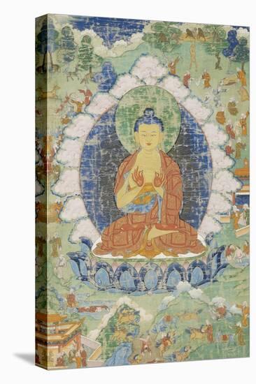 Buddha en vajrapariankasana et vitarka-mudra et scènes illustrant des jâtaka-null-Stretched Canvas