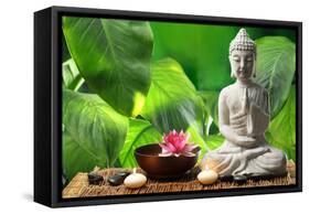 Buddha in Meditation with Lotus Flower and Burning Candles-Liang Zhang-Framed Stretched Canvas