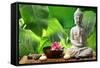 Buddha in Meditation with Lotus Flower and Burning Candles-Liang Zhang-Framed Stretched Canvas
