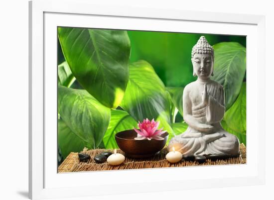 Buddha in Meditation with Lotus Flower and Burning Candles-Liang Zhang-Framed Photographic Print