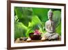 Buddha in Meditation with Lotus Flower and Burning Candles-Liang Zhang-Framed Photographic Print