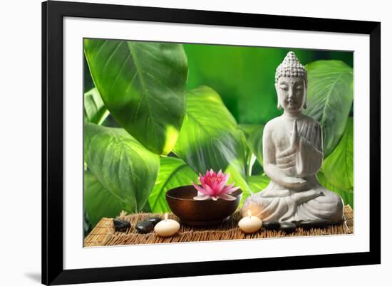 Buddha in Meditation with Lotus Flower and Burning Candles-Liang Zhang-Framed Photographic Print