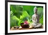 Buddha in Meditation with Lotus Flower and Burning Candles-Liang Zhang-Framed Photographic Print